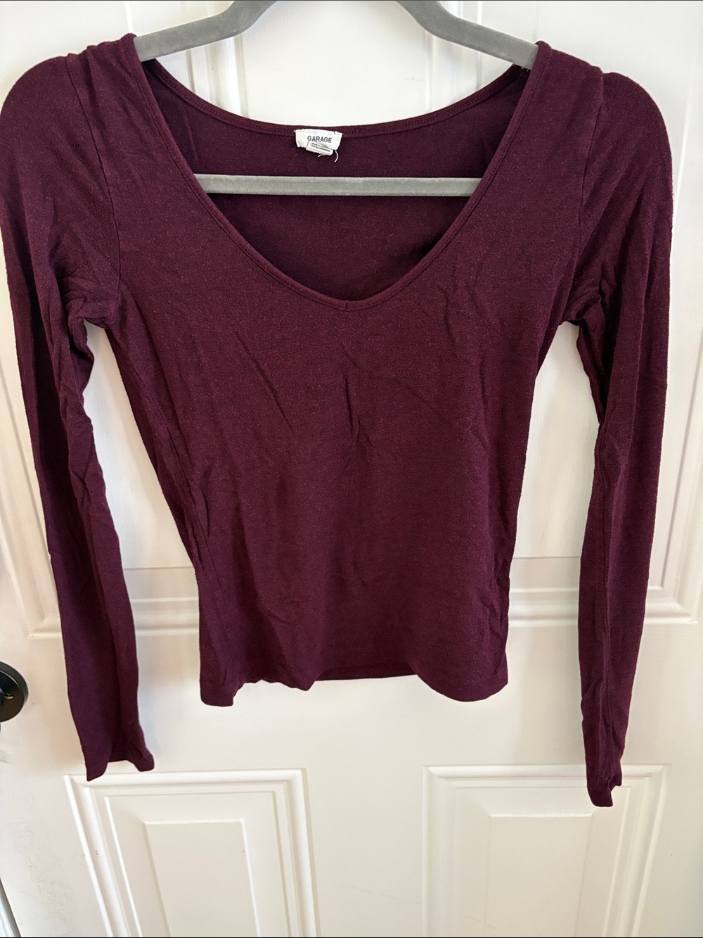 (5/$20) Garage Women's Fitted Long-Sleeve Cropped V-Neck Top in Plum